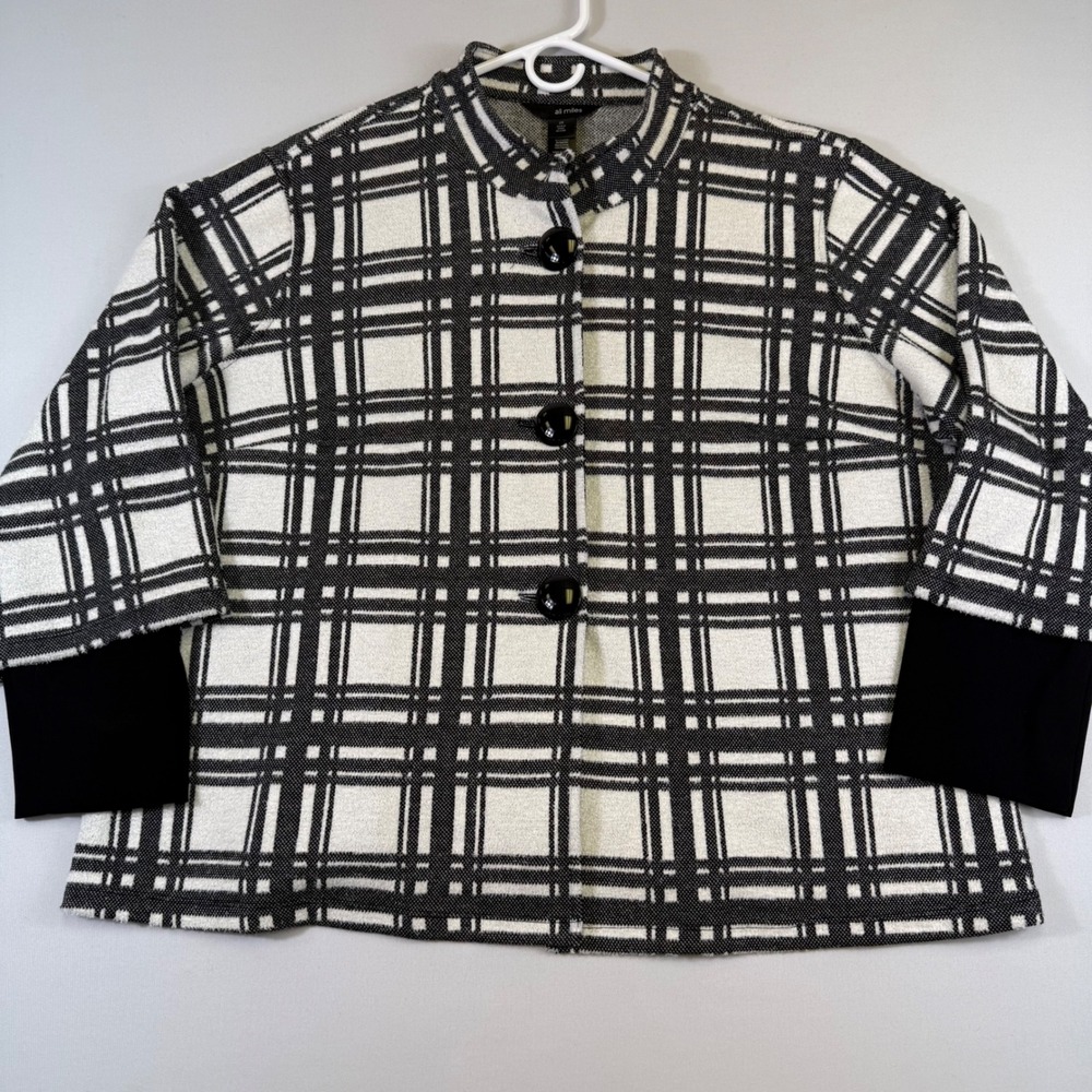 Ali Miles Jacket Womens 2X Black White Plaid Large Button Mock Neck 3/4 Sleeve